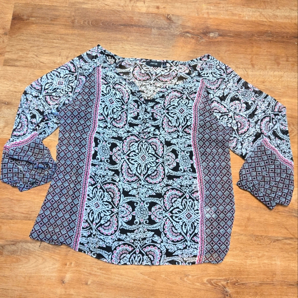 Apt. 9 Black and Pink Blouse Relaxed 3/4 Sleeve